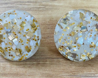 Large Glitter Earrings // Lucite, Confetti // Button Earrings, Clip Ons, Retro Mid Century