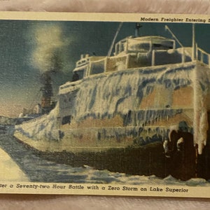 American Postcard, Freighter covered with snow, Lake Superior, Vintage Unused
