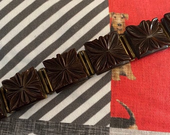 Carved Bakelite Bracelet, Floral 1930s Antique Jewellery