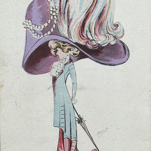 Antike Mode-Postkarte, Suffragette Humor, großer Edwardian Hut, Artist Illustriert von Parisian gp Logo und Anker, frankiert 1911