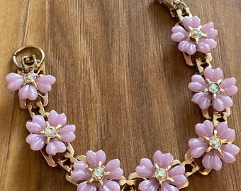 1940s Art Deco Floral Bracelet, Early Plastic Lucite, Amethyst Purple Gold Finish, Rare Vintage Jewelry