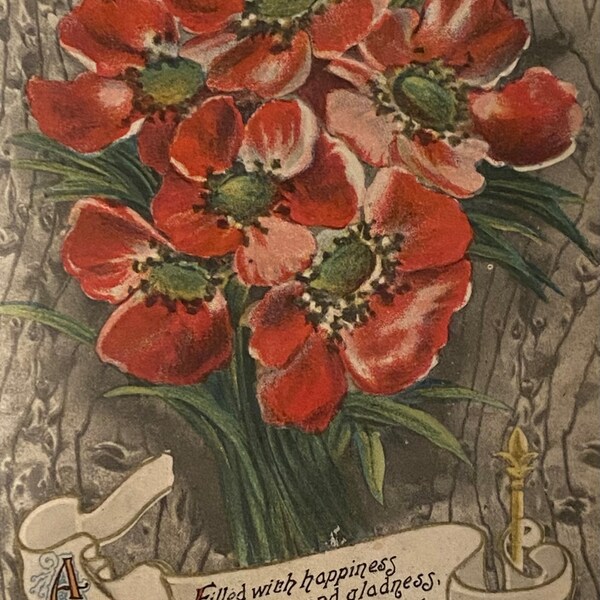 Carte postale florale ancienne, joyeux anniversaire, coquelicots roses des années 1900