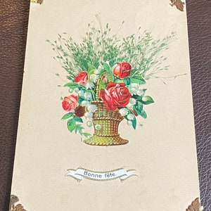 Antike französische gestanzte Postkarte, rosa Rosen-Maiglöckchen 1900s Bonne Fete