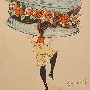 Carte postale de mode ancienne, humour suffragette, grand chapeau édouardien, dame glamour, artiste français Georges Mouton affranchie 1909