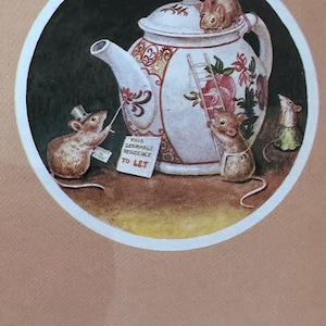 Theepot te huur, kunstenaar Racey helpt ansichtkaart, plezier maken, muizen versieren, antropomorfisme, vintage Medici-briefkaart
