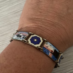 David Andersen Enamel Bracelet, Arctic Scene, Scandinavian Designer Sterling Silver Antique Art Deco Jewellery, 7 1/2 inch length