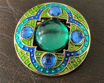 Renaissance Style Scarf Clasp with Green Glass Centre, Mosaic Style Green Blue Decor, Vintage Jewellery