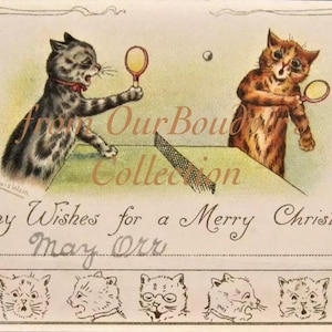 Louis Wain Koty grające w tenisa stołowego Pocztówka, Opublikowana w 1904 r., Pocztówka z początku XX wieku, Kolekcjonerskie przedmioty zabytkowe