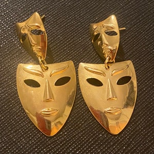 Örhängen med komedi- och tragedimask, teaterdrama, maskerad i Venedig, guldfärgade vintagesmycken