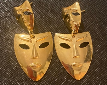 Mask Earrings, Theatre Drama, Masquerade Venice, Gold Tone Vintage Jewellery