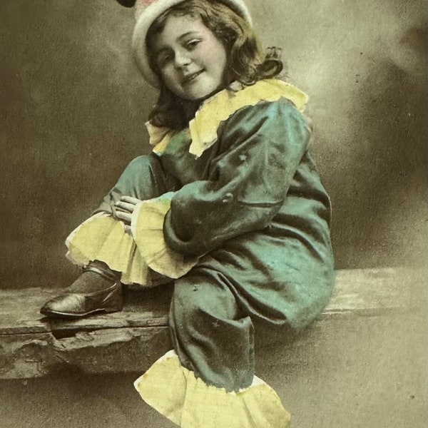 Antique British Postcard 1918, Real Photo, Little Girl in a Green Jumpsuit with Yellow Ruffles Showing off Her Dance Shoes // Happy Birthday