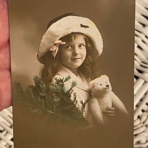 Cute French Girl with Her Teddy, Antique Postcard