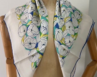 A Blue White Green Flowery Silk Scarf, Vintage