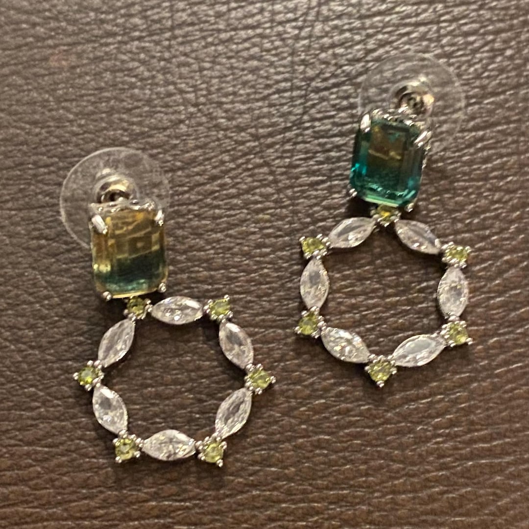 Veronica Two Tone Color Cut Glass Dangle Earrings in Green