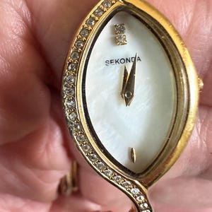 Seconda Rhinestone Watch,  Gold Tone Quartz Watch, Ladies Vintage, White Face, Dressy Evening Ware