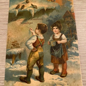 Stara pocztówka świąteczna, tłoczona karta, zabytkowa, wysłana z ostemplowaniem 1909