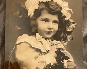 Cute Girl Postcard, Clasping Her Hands with Flowers in Her Hair, Antique Postcard, Real Photo, Unwritten