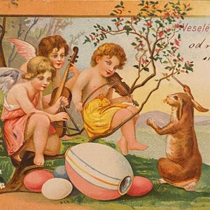 Ansichtkaart Tsjecho-Slowakije met reliëf // Konijntje, engelen die violen spelen, paaseieren // Gefrankeerd 1902