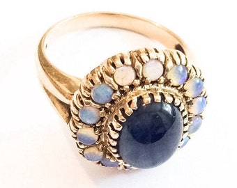 Sapphire Cabochon and Opal Ring, British 9K Gold, Mid Century Vintage Jewellery 1940s