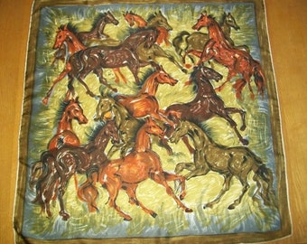 Wild Horses Silk Scarf, Green Brown 30 Inch Square Vintage