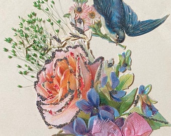 French Antique Postcard 1900s, Die Cut Swallow, Bouquet, Dried Flowers