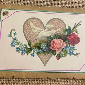 Dove of Peace Postcard, Heart, Forget Me Nots Pink and Red Roses Flowers Scalloped Edges, Antique 1900s