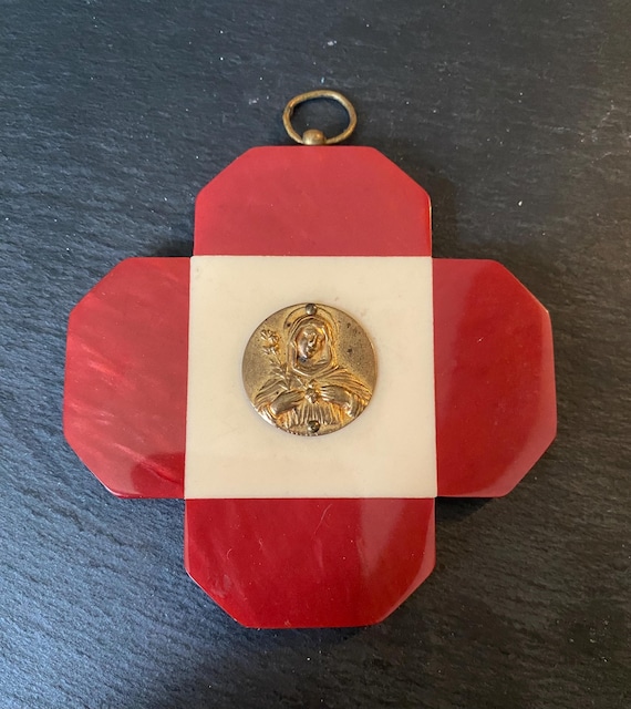 Antique Nursery Wall Art, Religious Medal, Our Lady, French Cream Bakelite Centre 4 Inches