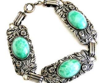 Peking Glass Bracelet, Art Nouveau Sterling Silver Vintage Jewellery