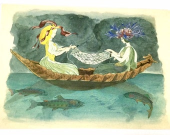 Two Ladies Fishing. Swizz Postcard, Cipripedium und Centaurea, Fairies Vintage Collectibles