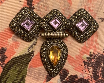 Amethyst and Citrine Gemstone Brooch, Stamped STERLING  // 1940s Transitional Art Devo to Mid Century Vintage Jewellery