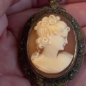 May include: Oval cameo pendant featuring a profile of a woman with an updo hairstyle. The cameo is set in a decorative silver-toned frame with small, dark accents. The pendant has a bail at the top for hanging.