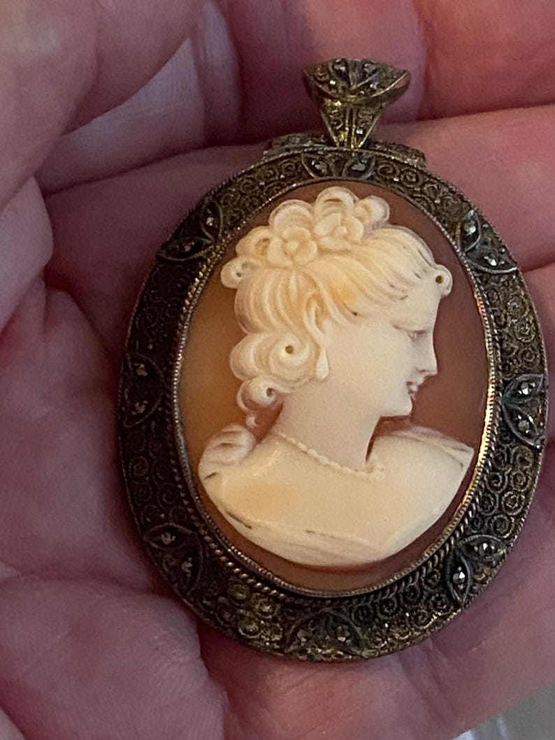 May include: Oval cameo pendant featuring a profile of a woman with an updo hairstyle. The cameo is set in a decorative silver-toned frame with small, dark accents. The pendant has a bail at the top for hanging.