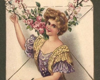 Artist Illustrated Art Nouveau Lady Postcard, Floral with an Envelope, Swizz Franked 1908