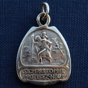 Saint Christopher Medal, French Charm or Pendant, Silver on Brass, Signed Bouix, Art Deco 1920s