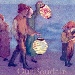 Cartão postal do artista, Lanterns on the Lido, de Sybil Barham, publicado por Faulkner, não escrito nem franqueado, impresso na Alemanha