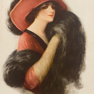 アーティスト アールデコ 1910 年代 ポストカード レディースファッション、赤い帽子、黒いショールまたはスロー