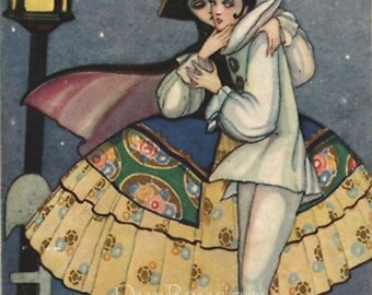 Italian Artist Signature Postcard, Carlos Chiostri // Harlequin, Italian commedia dell'arte