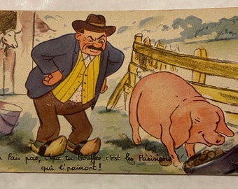 French  Pig Truffles Postcard, Merry Christmas Irish Postcard, Vintage