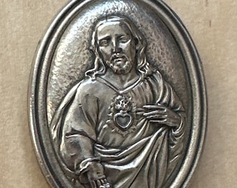 Large Sacred Heart Pendant, Religious Medal, 1920s Italian Silver with Vermeil Finish