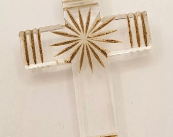 Art Deco Carved Lucite Cross, Early Plastics 1930s Religious Gift