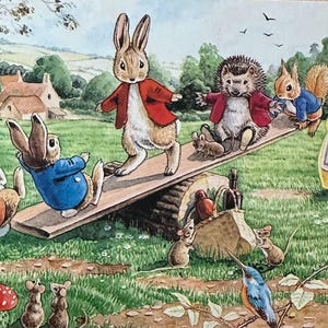 Die Wippe, Eichhörnchen, Igel, Hasen, Künstler Rassel hilft, Spaß habend, Sattlerfreundin Postkarte