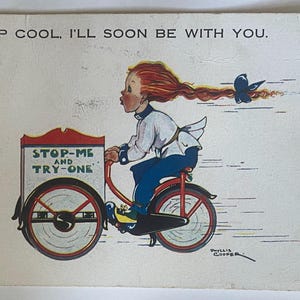 Carte postale Fille à vélo, vente de crème glacée ou de pastèque, illustration de l'artiste Phyllis Cooper, années 30