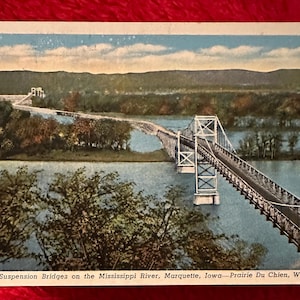 Cartolina d'epoca in lino, raro francobollo di George Washington emesso nel 1938, ponte sospeso sul fiume Mississippi, Iowa, Stati del Wisconsin, anni '40, USA