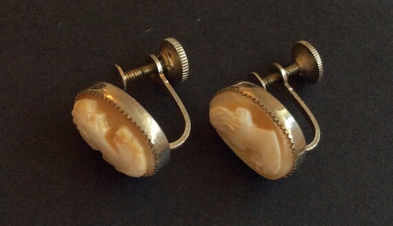 Cameo Silver Tone Earrings, Signed Coro, 1940s Vi… - image 4