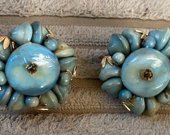 1950s Art Glass Bead Cluster Earrings, Clip Ons Vintage Jewellery
