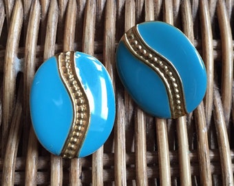 Blue Enamel Aluminium Earrings, Clip On Vintage Jewelry