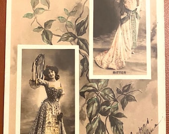 French Actresses Art Deco Postcard,  Glamorous Ladies with Curly Hair, Long Dresses //  Published by Reutlinger 1908, Written On