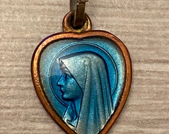 Heart Shaped Our Lady of Lourdes and the Grotto, Blue Enamel French Charm, Religious Medal, Art Nouveau Brass
