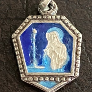 French Antique Medal, Small Sacred Heart Charm, Blue Enamel Religious Medal, European Silver, French Hallmark