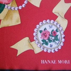 Japanese Silk Scarf, Hanae Mori  Designer, Roses Pearls, 34” Red White Vintage Fabric RARE